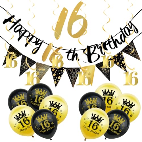 18 Stück schwarz-goldene Dekorationen zum 16. Geburtstag für Ihn, Jungen, Banner zum 16. Geburtstag, Wimpelkette, Wimpelkette, schwarze Goldfolie, 16 hängende Wirbel, Luftballons zum 16. Geburtstag von ATBEAMEN