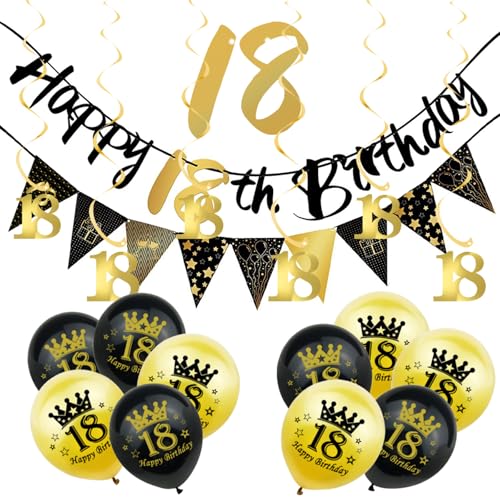 18 Stück schwarz-goldene Dekorationen zum 18. Geburtstag für Ihn, Jungen, Banner zum 18. Geburtstag, Wimpelkette, Wimpelkette, schwarze Goldfolie, 18 hängende Wirbel, Luftballons zum 18. Geburtstag von ATBEAMEN