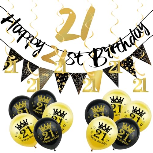 18 Stück schwarz-goldene Dekorationen zum 21. Geburtstag für Ihn, Jungen, Banner zum 21. Geburtstag, Wimpelkette, Wimpelkette, schwarze Goldfolie, 21 hängende Wirbel, Luftballons zum 21. Geburtstag von ATBEAMEN