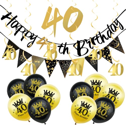 18 Stück schwarz-goldene Dekorationen zum 40. Geburtstag für Ihn, Herren, 40. Geburtstag, Wimpelkette, Wimpelkette, schwarze Goldfolie, 40 hängende Wirbel, Luftballons zum 40. Geburtstag, für Männer, von ATBEAMEN