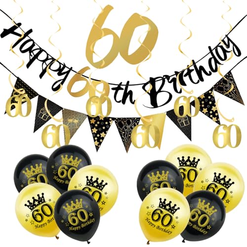 18 Stück schwarz-goldene Dekorationen zum 60. Geburtstag für Ihn, Herren, Wimpelkette zum 60. Geburtstag, Wimpelkette, Wimpelkette, schwarze Goldfolie, 60 hängende Wirbel, Luftballons zum 60. von ATBEAMEN