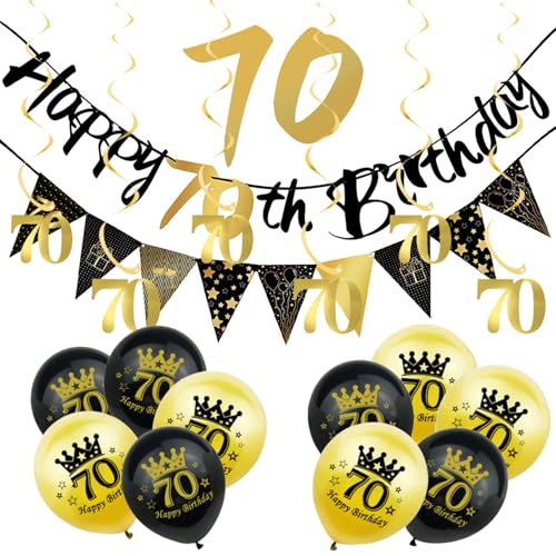 18 Stück schwarz-goldene Dekorationen zum 70. Geburtstag für Ihn, Herren, 70. Geburtstag, Wimpelkette, Wimpelkette, schwarze Goldfolie, 70 hängende Wirbel, Luftballons zum 70. Geburtstag, für Männer, von ATBEAMEN