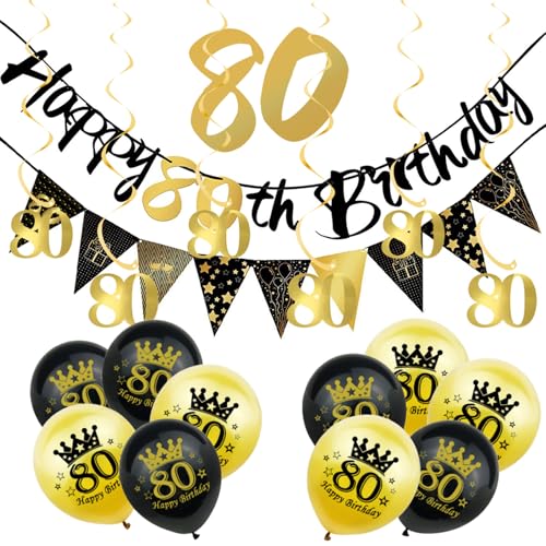 18 Stück schwarz-goldene Dekorationen zum 80. Geburtstag für Ihn, Herren, Wimpelkette zum 80. Geburtstag, Wimpelkette, Wimpelkette, schwarze Goldfolie, 80 hängende Wirbel, Luftballons für Männer, Ihn, von ATBEAMEN