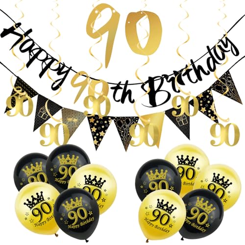 18 Stück schwarz-goldene Dekorationen zum 90. Geburtstag für Ihn, Herren, Banner zum 90. Geburtstag, Wimpelkette, Wimpelkette, schwarze Goldfolie, 90 hängende Wirbel, Luftballons zum 90. Geburtstag, von ATBEAMEN