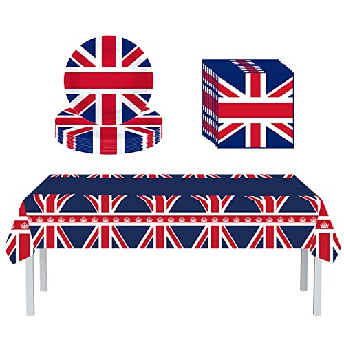 Pappteller, Servietten, Tischdecke, King Charles III Krönung Party-Dekorationsset, Union Jack, Kronen, Souvenir, Partygeschirr für Sport, GB-Veranstaltungen, Straßendekoration, 37-teiliges Set von ATBEAMEN