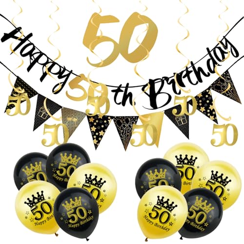 Wimpelkette zum 50. Geburtstag, 50. Geburtstag, Wimpelkette, Wimpelkette, schwarze Goldfolie, 50 hängende Wirbel, Luftballons zum 50. Geburtstag, für Männer, Ihn, Geburtstagsparty-Dekoration, 18 Stück von ATBEAMEN