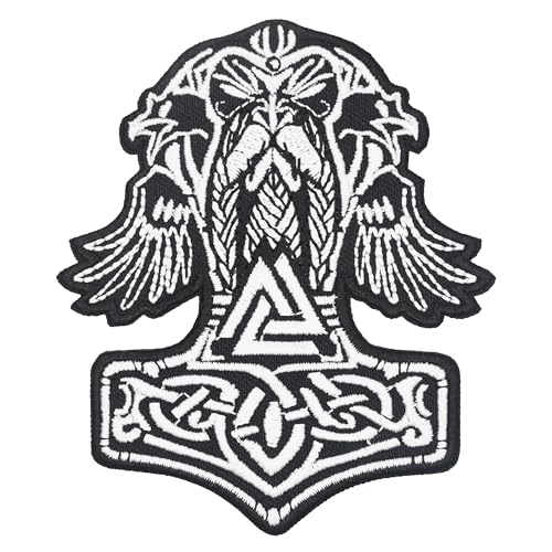 ATHIPATCHES Aufnäher Thor Hammer Mjolnir mit Wikinger Odin Valknut Symbol bestickt zum Aufbügeln, weiß, schwarz, EIP003 von ATHIPATCHES