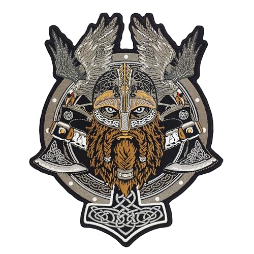 ATHIPATCHES Viking Warrior Thor Hammer Twin Axes Ravens Embroidered Biker Back Patch Large for Motorcycle Jacket & Vest Gray, White, Black, Brown von ATHIPATCHES