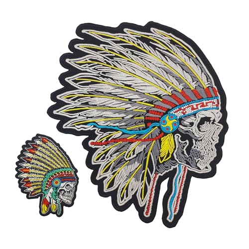 Indian Chief Skull Headdress Large & Small Set of 2 Pieces - Embroidered Iron on Patches for Motorcycle Jacket & Biker Vest von ATHIPATCHES