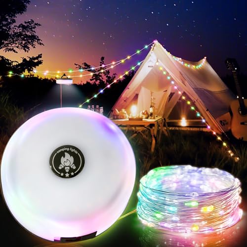 Camping Lichterkette Aufrollbar, Wasserdichte Tragbare Verstaubare Lichterkette, mit 5 Beleuchtungsmodi, USB-Aufladung für Camping, Hof 10m(warmes Licht + farbiges Licht) von ATJTYSX