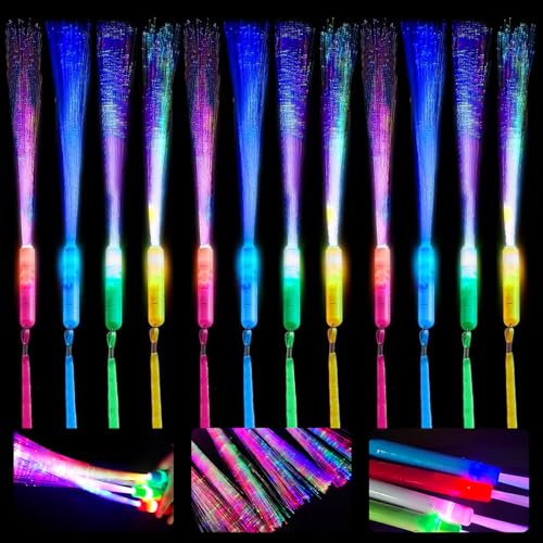 ATMWM 12 Stück LED Leuchtstäbe Partyzubehör, Leuchtstab Glasfaser, Knicklichter, Leuchtwedel Party Set mit Multicolor Licht, Glasfaser Leuchtstab für Kinder Weihnachten, Party, Konzert, Hochzeit von ATMWM