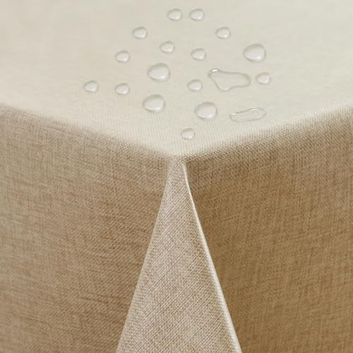 ATsense Tischdecke Abwaschbar Beige, Abwischbare Tischdecken Wasserabweisend Lotuseffekt, Fleckabweisend Table Cloth Leinenoptik, Tischtuch 140x180 cm Rechteckig von ATsense