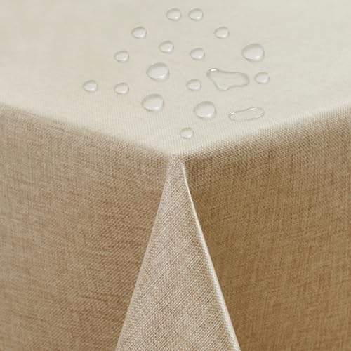 ATsense Tischdecke Abwaschbar Beige, Abwischbare Tischdecken Wasserabweisend Lotuseffekt, Fleckabweisend Table Cloth Leinenoptik, Tischtuch 140x200 cm Rechteckig von ATsense