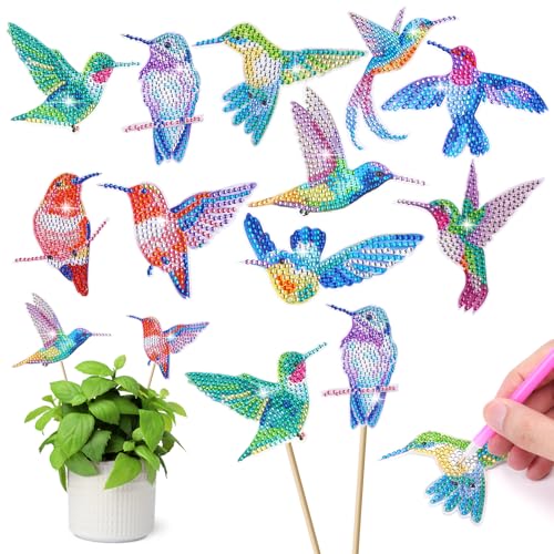 AUAUY 10 Stück Diamond Painting Kolibri Sets, Gartenstecker Diamond Painting Kinder Erwachsene Gartendekoration für Draußen und Drinnen Balkon Deko, Basteln für Kinder Diamont Painting Geschenk von AUAUY