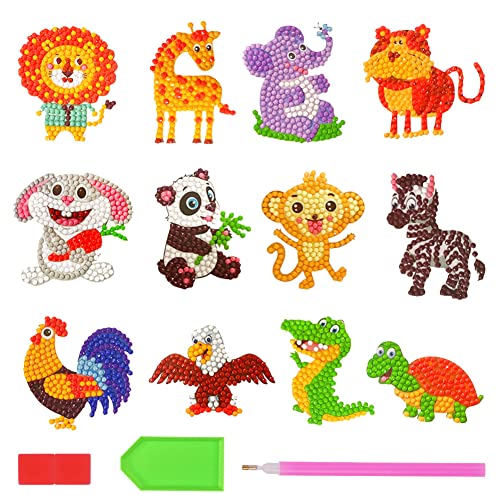 AUAUY 12 PCS Diamant Painting Kinder Set, DIY Diamant Malerei Aufkleber, 5D Diamant Painting Bilder Sticker mit Werkzeug, Niedlich Diamond Painting Bilder für Kinder Spielzeug Geschenke (Tier) von AUAUY