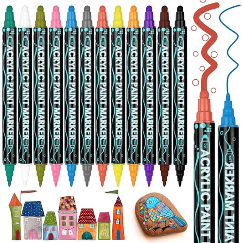 AUAUY 12PCS Acrylfarben Stifte, Acrylstifte für Steine Wasserfest mit Doppelspitze, Twin Tip Marker zum Zeichnen und Malen, Acrylic Paint Stifte Bemalen für Holz Keramik Glas Leinwand Keramik Basteln von AUAUY