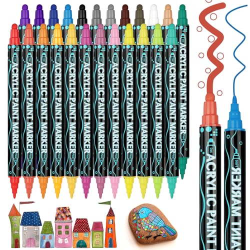 AUAUY 24PCS Acrylfarben Stifte, Acrylstifte für Steine Wasserfest mit Doppelspitze, Twin Tip Marker zum Zeichnen und Malen, Acrylic Paint Stifte Bemalen für Holz Keramik Glas Leinwand Keramik Basteln von AUAUY