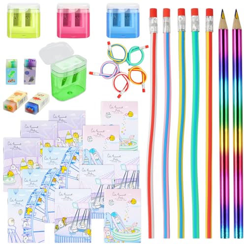 AUAUY 27 Stück Schulanfang Set, Biegebleistifte, Bleistiftspitzer, Radiergummi, Notizbuch, Geschenk Einschulung für Mädchen und Junge, Einschulung Geschenke Füllung, Kinder Party Mitgebsel von AUAUY