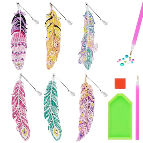 AUAUY 5D Diamond Painting Lesezeichen Set, 6PCS DIY Diamant Malerei Schlüsselanhänger Kinder Bookmark Feder Form Strass mit Kristall Anhänger für Seiten Markierungen Weihnachten Kindergeschenke von AUAUY