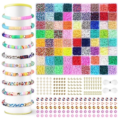 AUAUY 7200 Stück Heishi Perlen Set, Bunte 6mm Clay Perlen, Flache Perlen Tonperlen Bastelset, Schmuckherstellungs Sets für Chocker, Halskette, Armband, Ohrringe, DIY Erwachsene Kinder- Gemischte Farbe von AUAUY