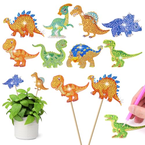 AUAUY 8 Stück Diamond Painting Dinosaurier Sets, Gartenstecker Diamond Painting Kinder Erwachsene Gartendekoration für Draußen und Drinnen Balkon Deko, Basteln für Kinder Diamont Painting Geschenk von AUAUY