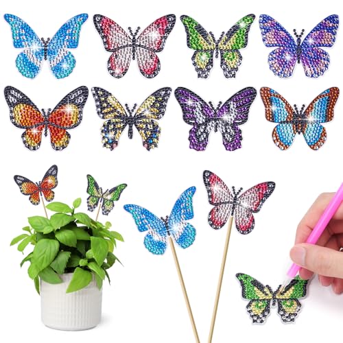 AUAUY 8 Stück Diamond Painting Schmetterling Sets, Gartenstecker Diamond Painting Kinder Erwachsene Gartendekoration für Draußen und Drinnen Balkon Deko, Basteln für Kinder Diamont Painting Geschenk von AUAUY