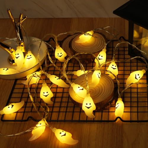 AUAUY Halloween Deko, Halloween Lichterkette Batterie 3 Meter 20 LED Weiße Geister Lichterkette für Außen Innen Halloween Garden Deko von AUAUY