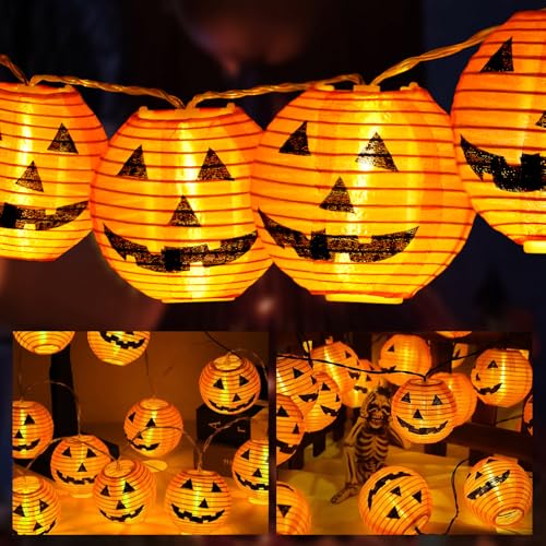 AUAUY Halloween Lichterkette Batterie, 3M 20 LED Orange Kürbis Lampion Lichterkette Batteriebetrieben, 2 Modi Wasserdicht Lichterkette für Außen Innen Deko, Party, Halloween Dekorations von AUAUY