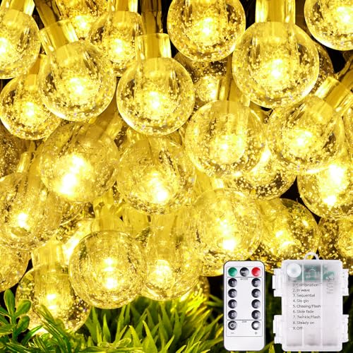 AUAUY LED Lichterkette Außen Batterie, 10M 100 LED Kristall Kugel Lichterkette mit Fernbedienung, 8 Modi Wasserdicht Lichterketten für Weihnachten Fenster Treppen Gärten Pavillons Hochzeiten-Warmweiß von AUAUY