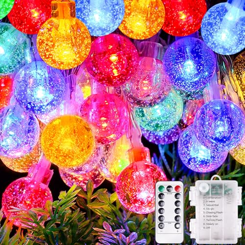 AUAUY LED Lichterkette Außen Batterie, 10M 100 LED Kristall Kugel Lichterkette mit Fernbedienung, 8 Modi Wasserdicht Lichterketten für Weihnachten Fenster Treppen Gärten Pavillons Hochzeiten-Bunt von AUAUY