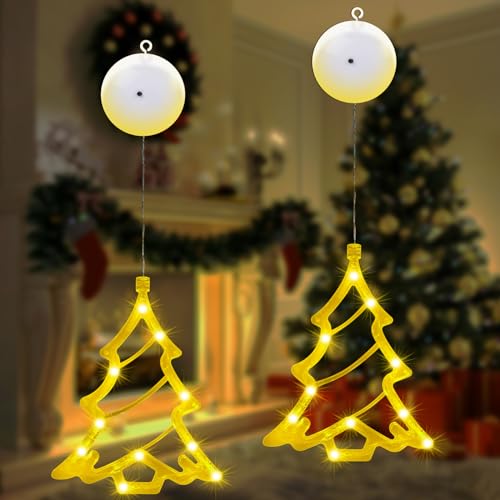 AUAUY LED Weihnachtsbaum Leuchte, 2 Stück Hängende Lichterkette, LED Fenster Lichterkette, Warmweiß Beleuchtung Weihnachtsbeleuchtung Batterie Betrieben für Innen Außen Weihnachtsfeier Fenster Deko von AUAUY