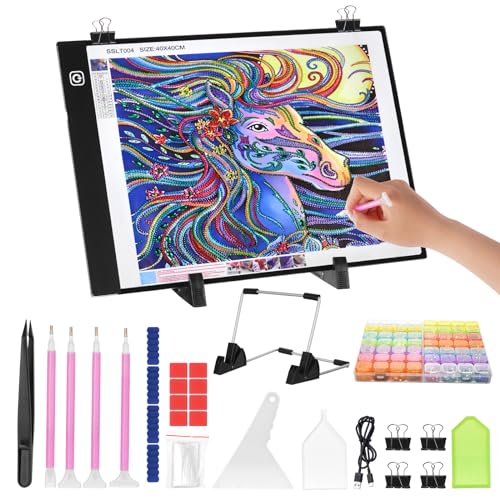 AUAUY Leuchtplatte Light Pad A4 Set Leuchttisch Einstellbare Helligkeit, Leuchttisch für 5D Diamond Painting Zubehör Dimmbarer Leuchtplatte mit Ständer/clips, Lichtpad für Designen Zeichnen Skizzieren von AUAUY