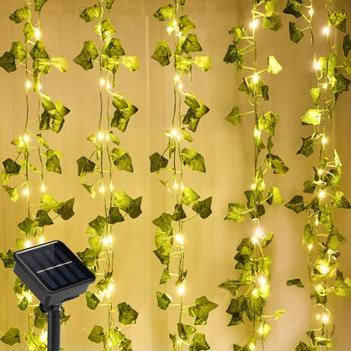 AUAUY Lichterkette Außen Solar, 100 LED Efeu Lichterkette Solar, 10 m Solar Lichterkette Aussen 8 Modi für Gärten, Balkon, Party, Hochzeit, Terrasse, Erntedankfest, Weihnachten Warmweiß von AUAUY