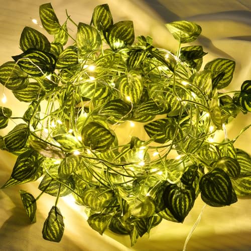 AUAUY Lichterkette Außen Solar, 50 LED Wassermelonenblätter Lichterkette Solar, 5 m Solar Lichterkette Aussen 8 Modi für Gärten, Balkon, Party, Hochzeit, Terrasse, Erntedankfest, Weihnachten Warmweiß von AUAUY