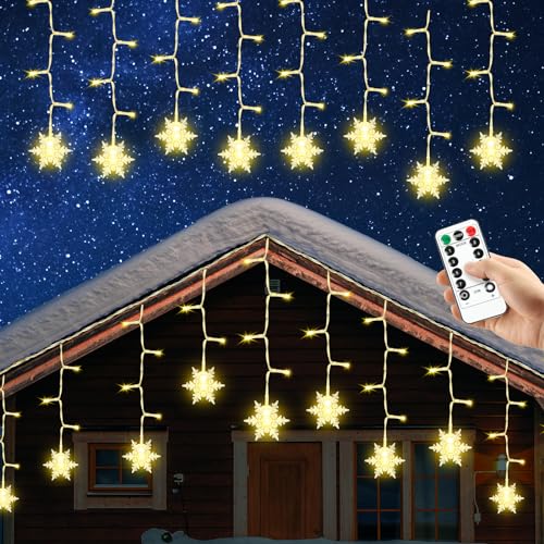 AUAUY Schneeflocken Lichtervorhang, USB Weihnachtesbeleuchtung 8Modi Lichterkettenvorhang 4M 96LEDs Stimmungslichter, IP44 Lichterkette für Innen Außen, Weihnachten, Balkon, Fenster, Hochzeit-Warmweiß von AUAUY