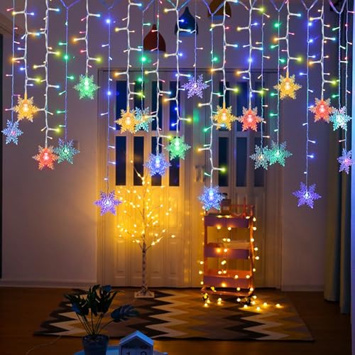 AUAUY Schneeflocken Lichtervorhang, USB Weihnachtesbeleuchtung 8Modi Lichterkettenvorhang 4M 96LEDs Stimmungslichter, IP44 Lichterkette für Innen Außen, Weihnachten, Balkon, Fenster, Hochzeit-Bunt von AUAUY