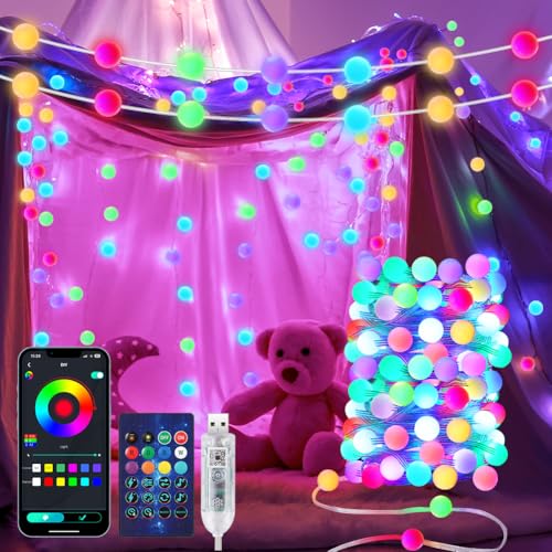 AUAUY Smart USB LED Kugel Lichterkette Innen, 10M 66 LED Globe Lichterketten mit Fernbedienung, Farbwechsel Kugeln Lichterkette APP Musik fur Zimmer Party Hochzeit Weihnachtsbaum Outdoor Garten Deko von AUAUY