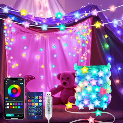 AUAUY Smart USB LED Stern Lichterkette Innen, 10M 66 LED Stern Lichterketten mit Fernbedienung, Farbwechsel Stern Lichterkette APP Musik fur Zimmer Party Hochzeit Weihnachtsbaum Outdoor Garten Deko von AUAUY