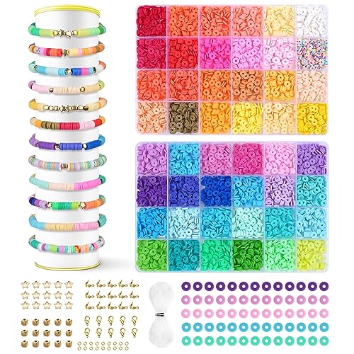 AUAUY 4800 Stück Heishi Perlen Set, Bunte 6mm Clay Perlen, Flache Perlen Tonperlen Bastelset, Schmuckherstellungs Sets für Chocker, Halskette, Armband, Ohrringe, DIY Erwachsene Kinder - Einfarbig von AUAUY