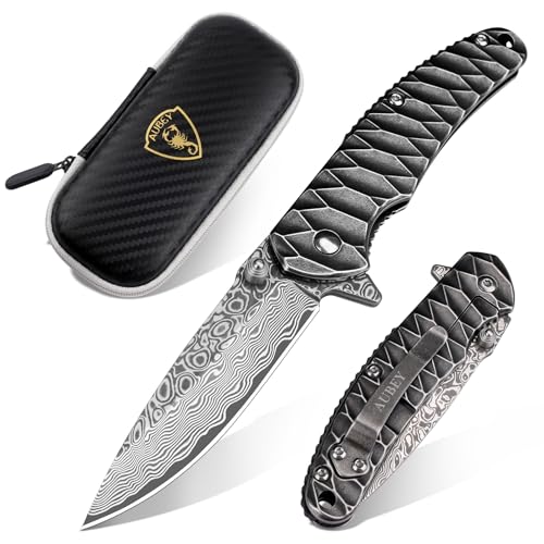 AUBEY Damast Taschenmesser Klappmesser Hochwertig mit Damaststahl Klinge, Edelstahlgriff, Gürtelclip- Scharf Einhandmesser EDC Messer Pocket Knife für Outdoor Camping Jagd Geschenk Sammeln von AUBEY