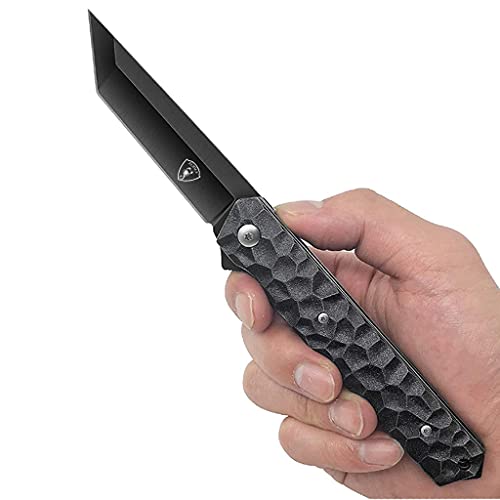 AUBEY Tanto Klappmesser Outdoor Einhandmesser Angel Survival Messer Scharf Jagdmesser EDC Pocket Knife mit Gürtelclip Glasbrecher (Schwarz) von AUBEY