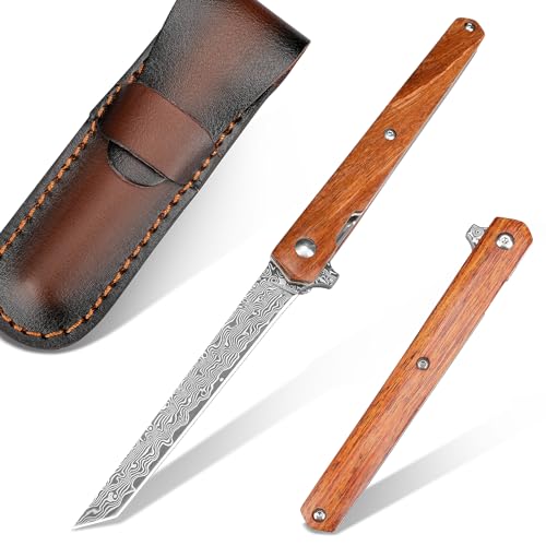 AUBEY Tanto Messer Klappmesser Damast Taschenmesser Hochwertig mit Damaststahl Klinge, Holzgriff, Messerscheide, Scharf Folding Knife Einhandmesser für EDC Männer Sammeln Geschenk von AUBEY