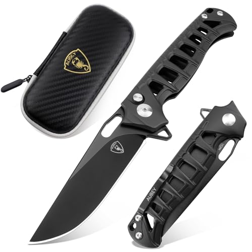 AUBEY Taschenmesser Klappmesser, Scharfes Messer Outdoor mit 14C28N Stahl Klinge, Aluminium Griff, Taschenclip, Button Lock - EDC Messer Pocket Knife für Jagd Geschenk Sammeln von AUBEY