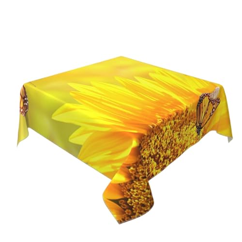 AUBKFELD Quadratische Tischdecke mit Sonnenblumen- und Schmetterlings-Motiv, bedruckt, 140 x 140 cm, für Urlaub, Tischdecke, dekorativ für Picknick, Küche, Esszimmer, Party von AUBKFELD