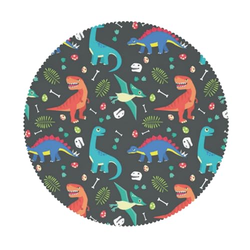 AUBKFELD Runde Tischdecke mit Cartoon-Dinosaurier-Motiv, mit Spitzenrand, 152 cm Durchmesser, Polyester, wasserabweisend, Tischdecke, runde Abdeckung für Picknick, Küche, Esszimmer, Urlaub, Party von AUBKFELD