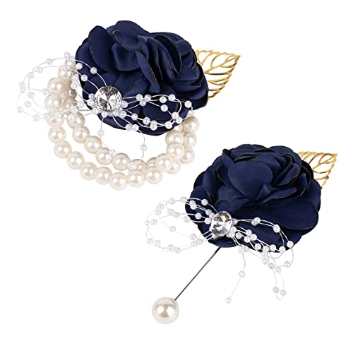 AUEAR, 2 Stück dunkelblaue Rose Handgelenk Corsage Boutonniere Sets für Damen Herren Hochzeit Jahrestag von AUEAR