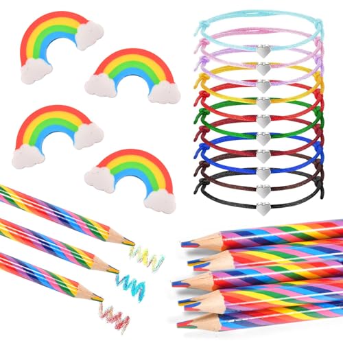 30 Radiergummis, Serie Rainbow, 10 Regenbogen-Radiergummis, 10 Regenbogenfarbstifte, 10 verstellbare Armbänder aus Herzseil, für Schulen, Skizzieren, Büro, Kinder, Jungen und Mädchen von AUEJACKY