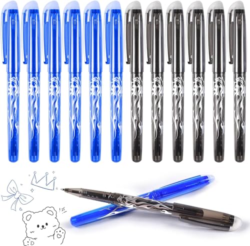 AUEJACKY Radierbarer Kugelschreiber 12PCS Radierbarer Gelschreiber Set Tintenroller Radierbar Bunt Gelschreiber Löschbare Gelstifte Gelschreiber Radierstift für Kinder, Studenten, Büro (Blau Schwarz) von AUEJACKY