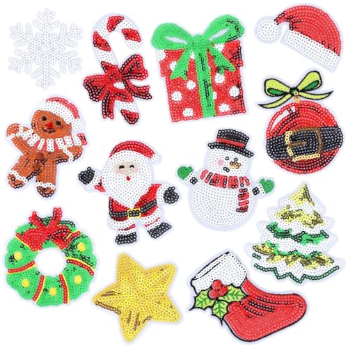 12 Stück Weihnachten Bügelbilder Pailletten Xmas bestickt Nähen Applikation Reparatur Patch Glitzer Weihnachtsmann Weihnachtsbaum Zuckerstange DIY Handwerk für Kleidung Jacke Jeans Hosen Kleid von AUGSUN