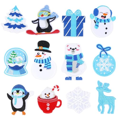 12 Stück Winter Bügelbilder Weihnachten bestickt Nähen Applikation Reparatur Patch Niedliche Schneeflocke Schneemann Eisbär Pinguin Baum Kranz Zuckerstange DIY Handwerk für Kleidung Jacke Jeans Hosen von AUGSUN